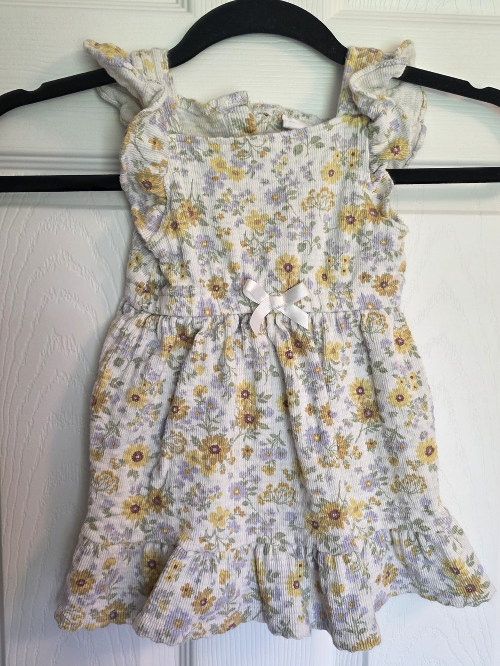 Little Lass White Floral Ruffle Dress with Yellow & Lavender Flowers
